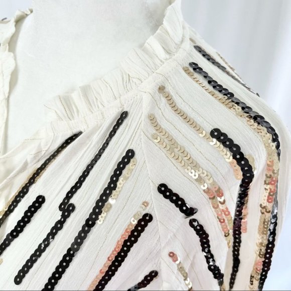 New Free The Roses Sequin Striped Tassel Tie Peasant Top Ivory Black Gold Medium - Picture 7 of 16